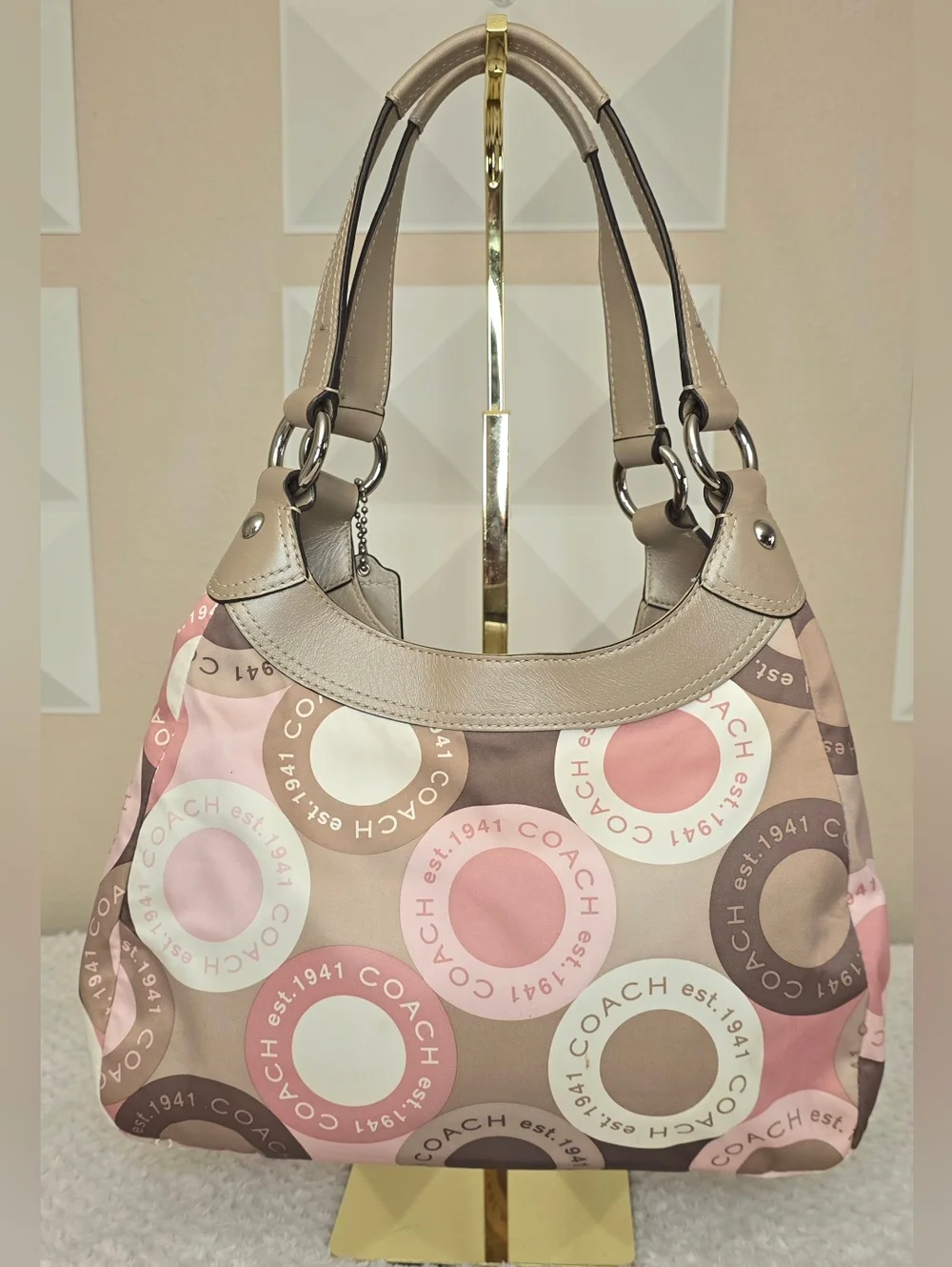 Coach Ashley Signature Circle Print Hobo Bag Pink Tan Canvas Leather Trim - Picture 2 of 12